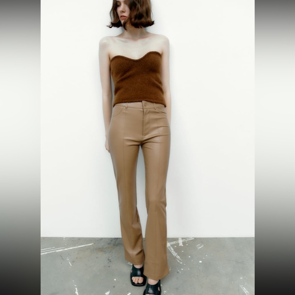 NEW ZARA Light Brown Faux Leather High Rise Slim Fit Flare Leg Pants w/ Slit